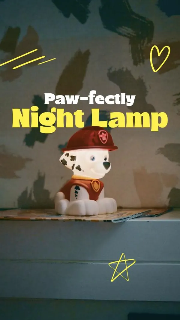 A glowing pup night lamp keeps watch on the shelf.