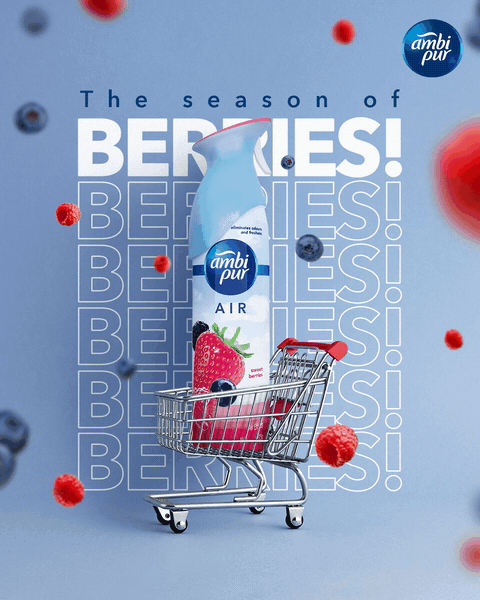 Motion: the berries type stack animates around the spray and cart.