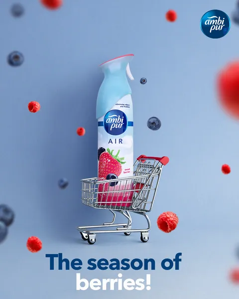 'The season of berries!' The berry spray rides a shopping cart.