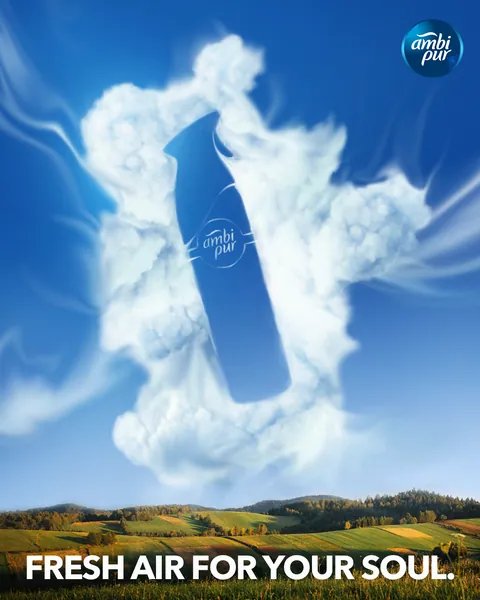 'Fresh air for your soul': a spray-shaped cloud over green hills.