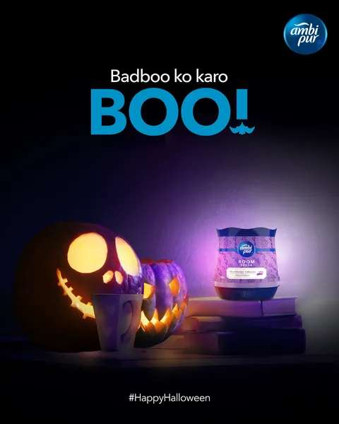 Halloween: 'Badboo ko karo BOO!' The gel beside a glowing pumpkin.
