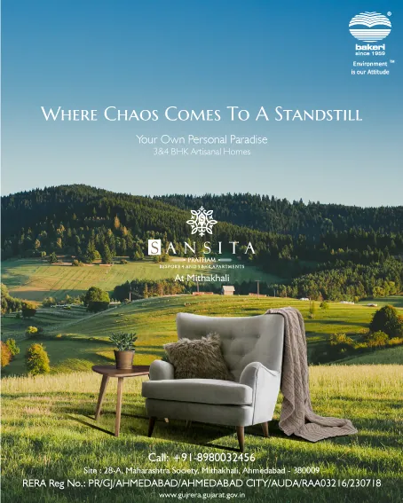 Press ad for Sansita: an armchair on rolling green hills, 'where chaos comes to a standstill'.