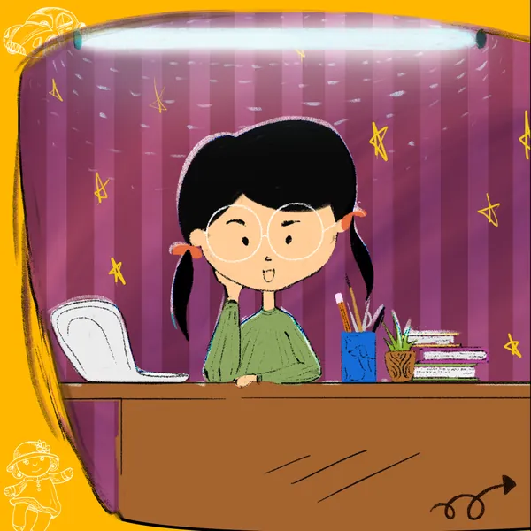 Rakhi panorama, part one: a sister smiles at a desk she has taken over.