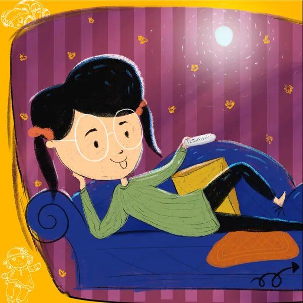 Rakhi panorama, part three: the sister lounges across the whole blue sofa.