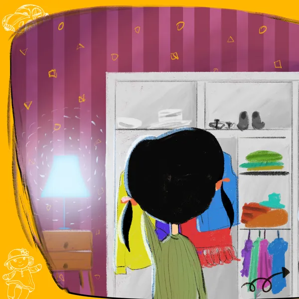 Rakhi panorama, part five: the sister rummages through a shared wardrobe by lamplight.