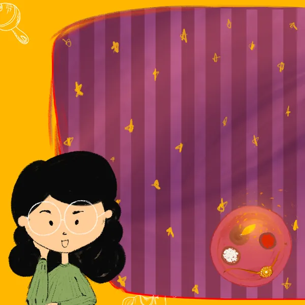 Rakhi panorama, part seven: the sister beside a glowing rakhi thali.