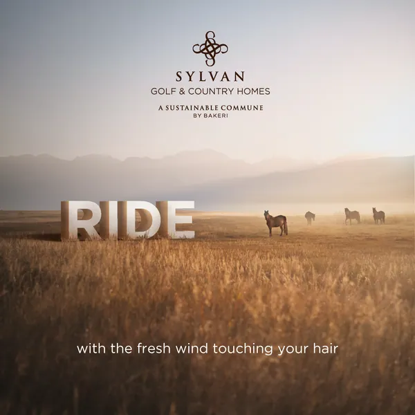 Horses roam golden grassland beside the word 'ride', 'with the fresh wind touching your hair'.