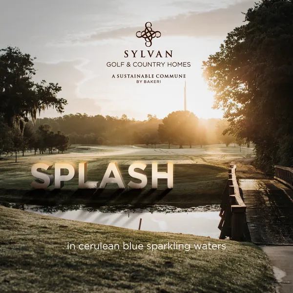 Sunrise over a golf course pond with 'splash' in giant letters, 'in cerulean blue sparkling waters'.