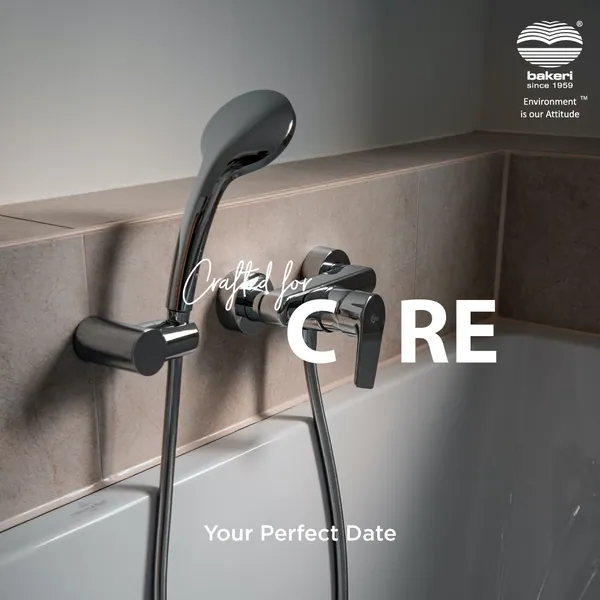 Chrome shower mixer filling the missing A in care, 'Your perfect date'.
