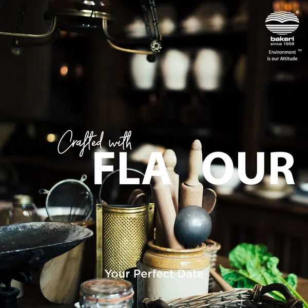 Rustic kitchen still life where rolling pins form the missing V in flavour, 'Your perfect date'.