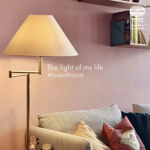 Valentine wordplay with a brass floor lamp by the sofa, 'The light of my life'.