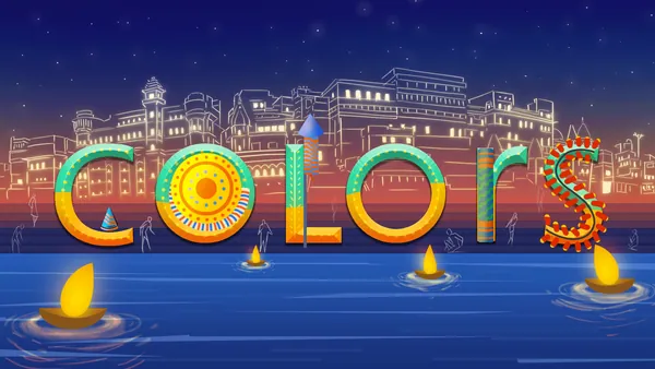 Diwali doodle: the logo lit by diyas along the river.