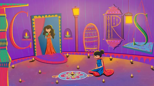 Diwali doodle: a girl lays a rangoli among diyas while the letters become doorways and lanterns.