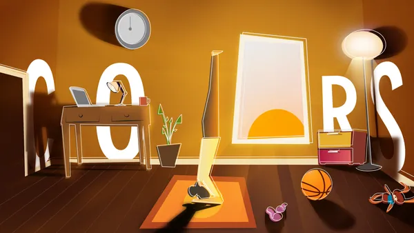 Yoga Day doodle: a headstand on a mat becomes the L in a sunlit room.