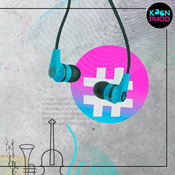 Main Roiyaan grid, part one: earphones wrapped around a hashtag badge.