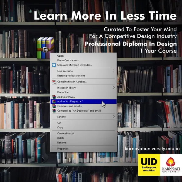 Bookshelf backdrop with a right-click menu compressing an art degree: 'Learn more in less time'.
