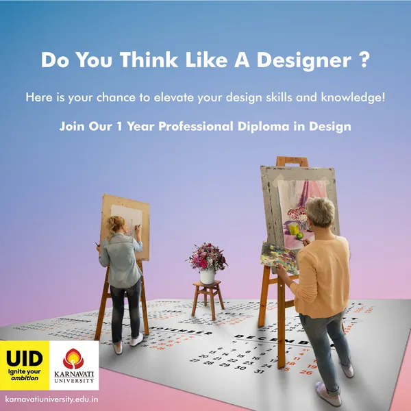 Design diploma ad: painters at easels on a giant calendar, 'think like a designer'.