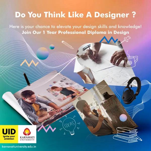 Design diploma: a collage of students sketching and crafting, asking if you think like a designer.