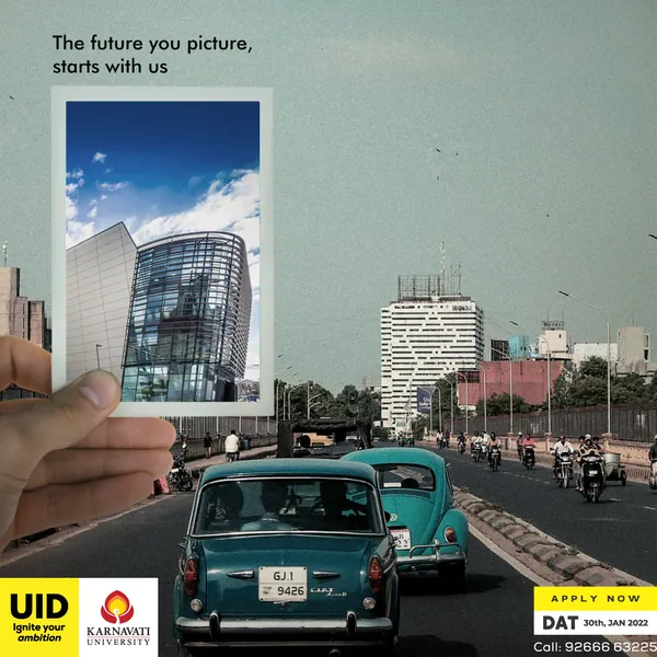 'The future you picture, starts with us': a glass tower photo above vintage traffic.