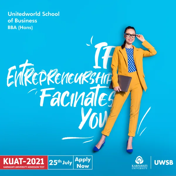 Business school poster: a woman in a mustard suit and specs, with brush lettering on entrepreneurship.