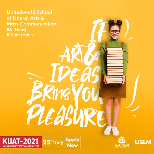 Brush-lettered liberal arts post: a bespectacled student carries a towering stack of books on yellow.