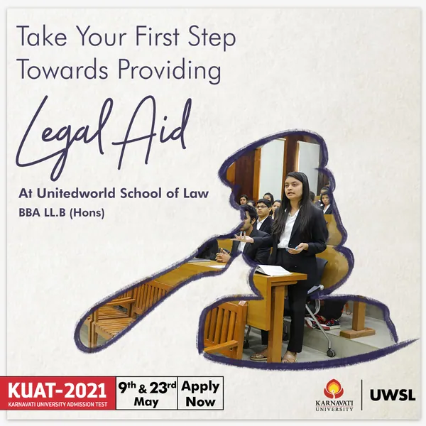 A courtroom scene fills a hand-drawn gavel, inviting law applicants towards 'Legal Aid'.