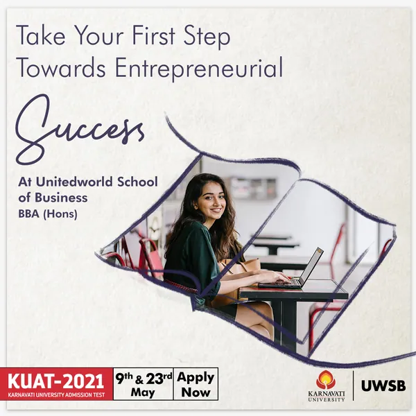 'Take Your First Step Towards Entrepreneurial Success': a business student at her laptop, framed in ink.