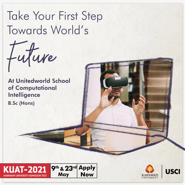 Computational intelligence post: a VR-headset student inside a sketched laptop, 'Towards World's Future'.