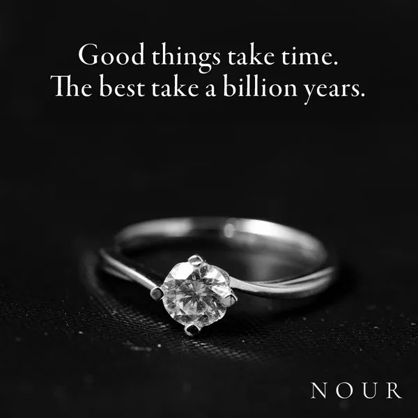 A solitaire on black, with a line on how long a diamond takes to form.