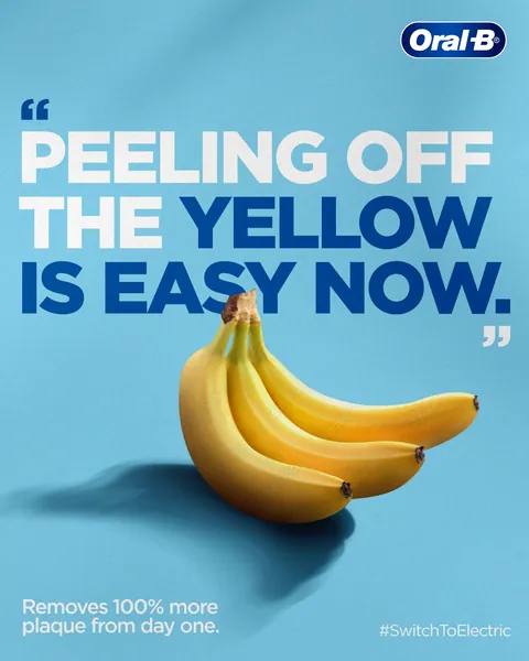 A bunch of bananas illustrates the pun 'Peeling off the yellow is easy now'.