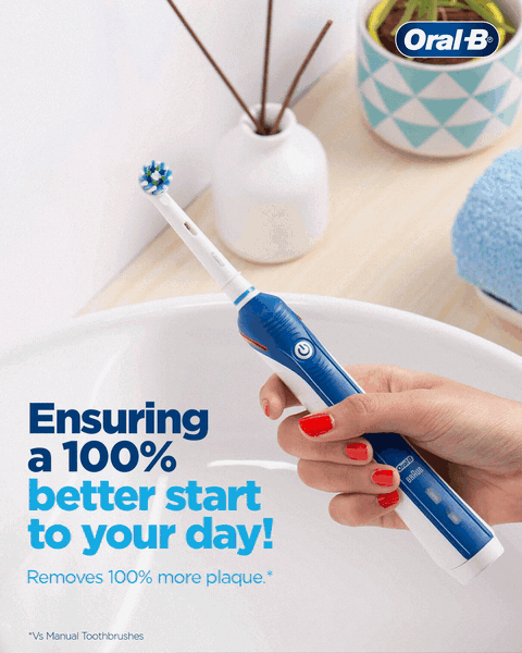 Motion: a hand lifts the brush, 'Ensuring a 100% better start to your day'.