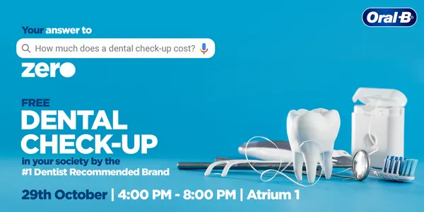 Dental camp banner for a free check-up, with a search-bar gag answered 'zero'.