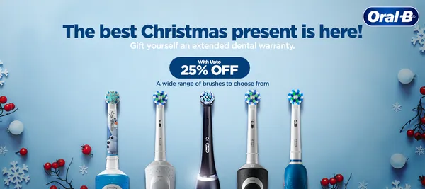 Christmas e-commerce banner: five electric brushes among snowflakes and berries, offering an extended dental warranty.
