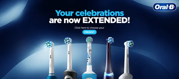 'Your celebrations are now EXTENDED!' heads an e-commerce banner of five electric brushes.
