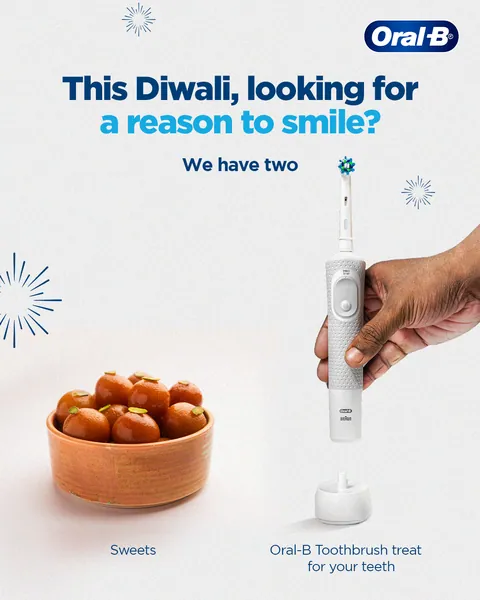 Diwali's two reasons to smile, side by side: gulab jamun and a white electric brush.