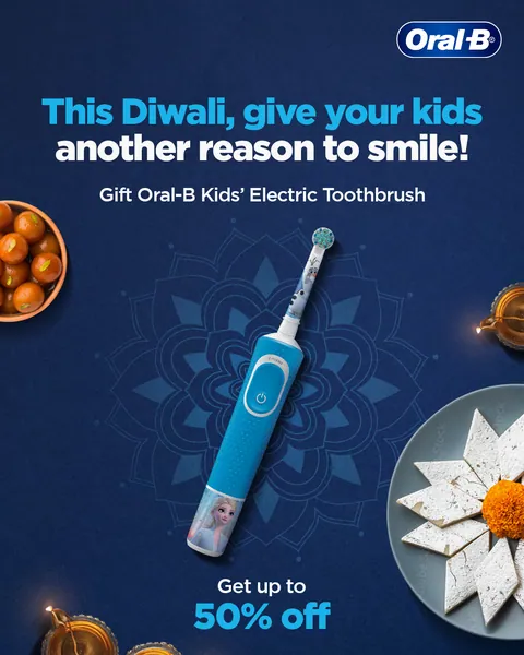 Diwali e-commerce banner: a Frozen kids' electric toothbrush among sweets, diyas and rangoli.