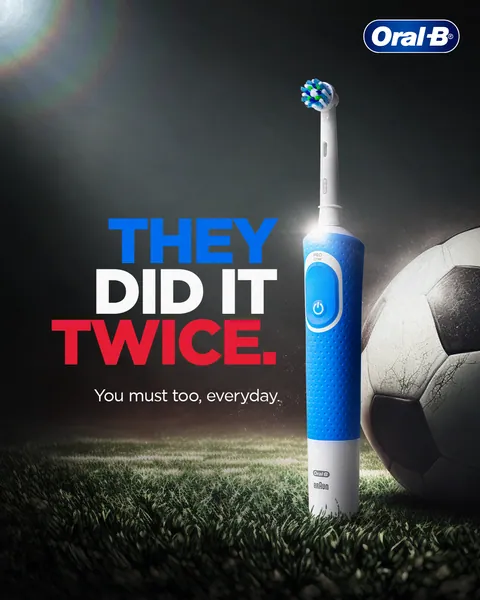 In French flag colours, 'They did it twice' pairs a blue electric brush with a football.