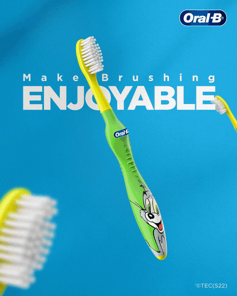 Motion: a kids' brush sweeps through 'Make brushing enjoyable' as the letters shuffle.