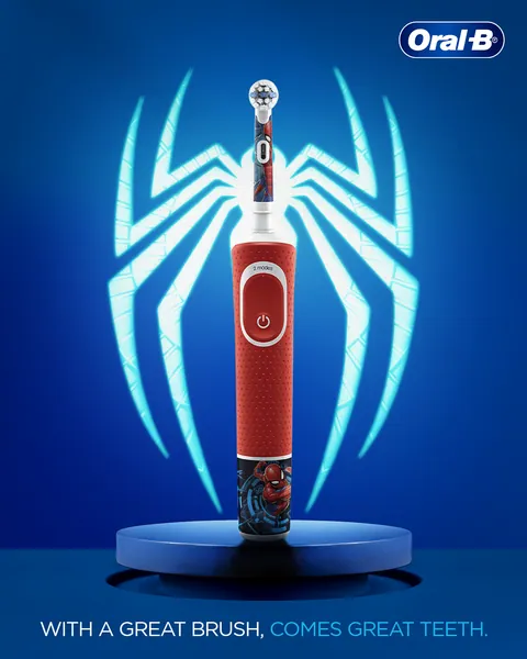 Slide 2 of the kids' set: a Spider-Man brush, 'With a great brush, comes great teeth'.