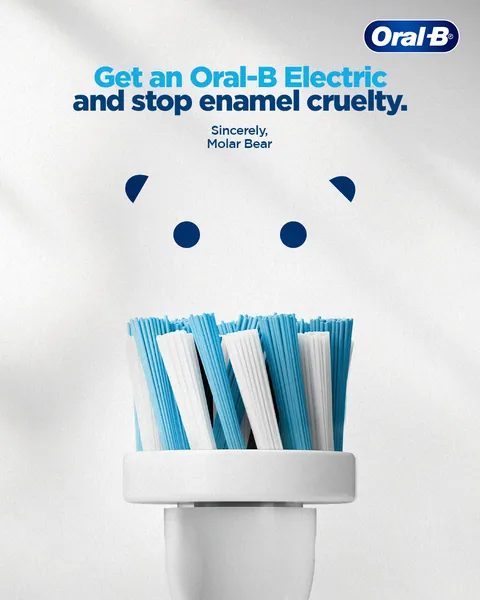 Molar Bear pun: a brush head becomes a polar bear's face, 'stop enamel cruelty'.