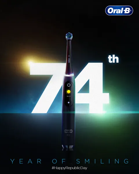 Republic Day: an iO brush rises through a glowing '74th' for a 'Year of smiling'.