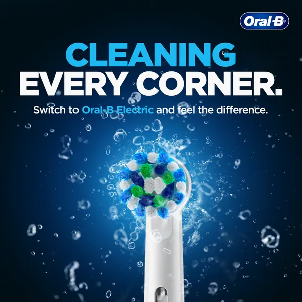 Water bubbles burst around a brush head under the line 'Cleaning every corner'.