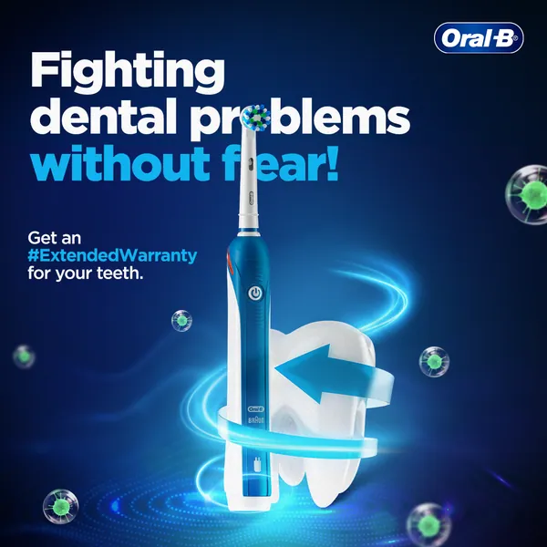 'Fighting dental problems without fear!' A blue brush and swirl guard a tooth from germs.