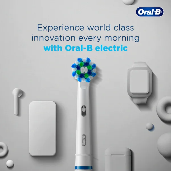 An electric brush among white smart gadgets, promising 'world class innovation every morning'.