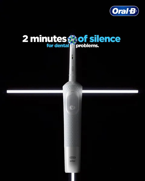 A brush crossed by a light beam marks '2 minutes of silence for dental problems'.