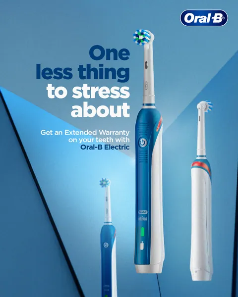 Three electric brushes in angled blue light with the line 'One less thing to stress about'.