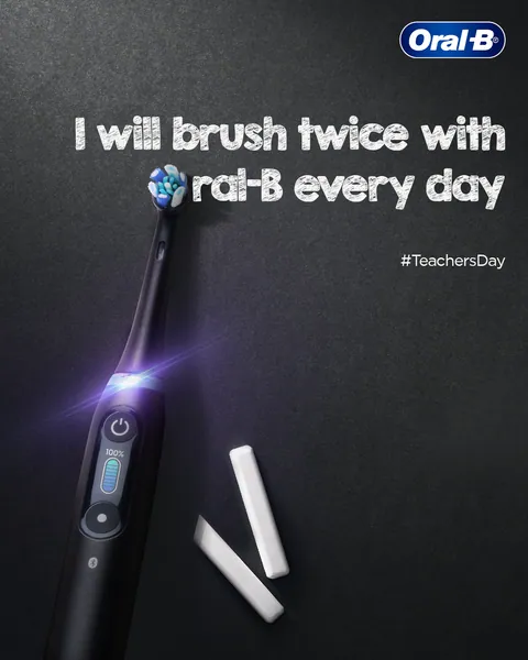 Teachers' Day: a black iO on a chalkboard writes lines, 'I will brush twice'.