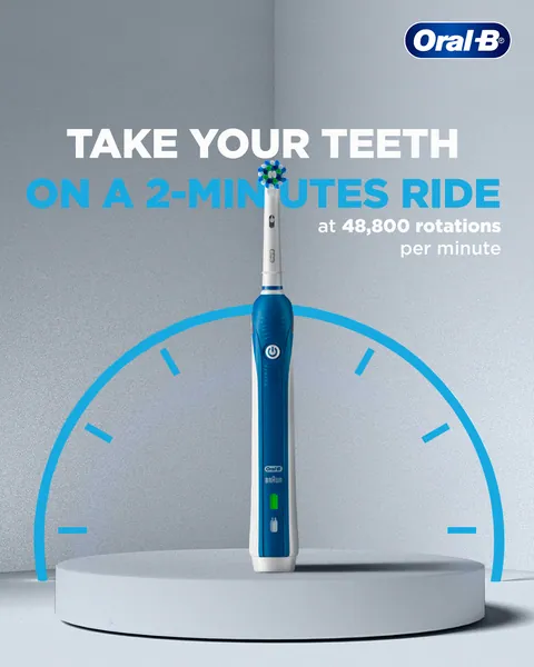 Speedometer styling: a blue electric brush takes teeth on a two-minute ride.