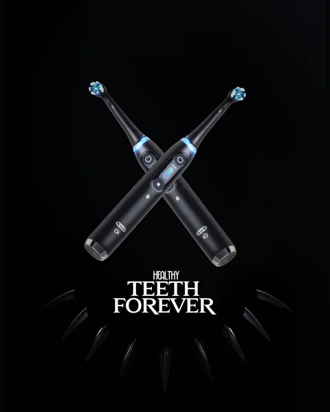 Wakanda Forever salute: two black iO brushes crossed in an X, 'Healthy teeth forever'.