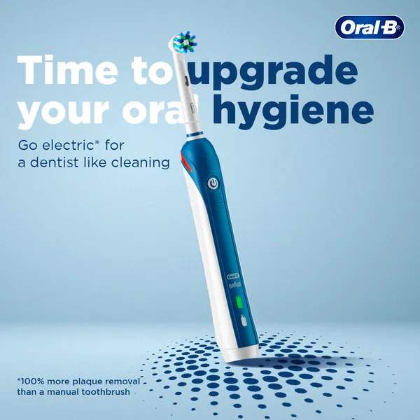 A blue electric brush tilts over a halftone ripple: 'Time to upgrade your oral hygiene'.